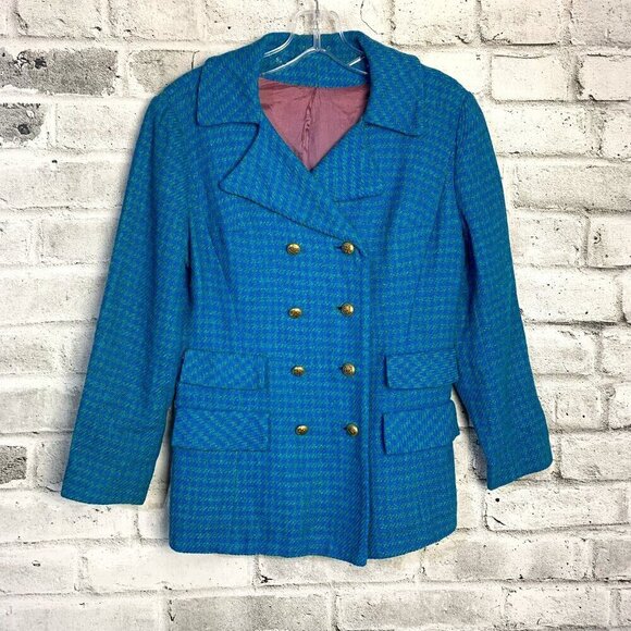 Vintage 60s Handmade Wool Tweed Houndstooth Jacket Double Breasted Blazer - Picture 1 of 12